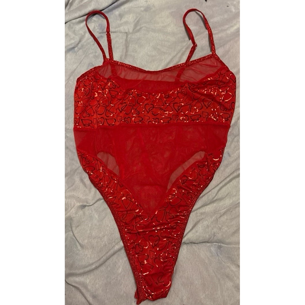 Fantasy Lingerie Red Sheer Mesh  Metallic Heart Vtg 90s Lingerie Bodysuit S